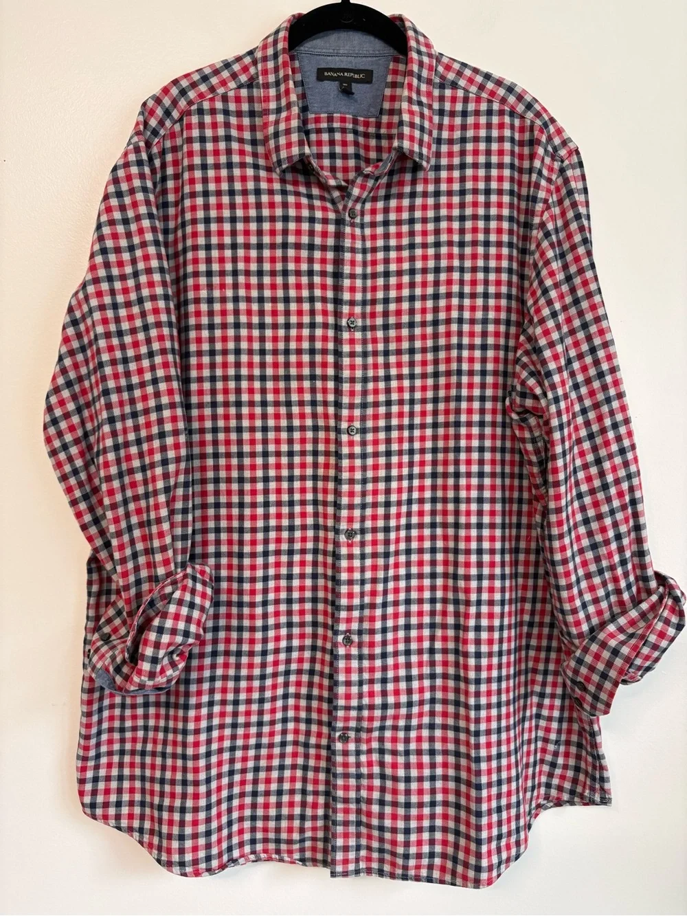 Banana Republic Plaid Navy Red Gray Gingham Lightweight Flannel Sz XXL Tall